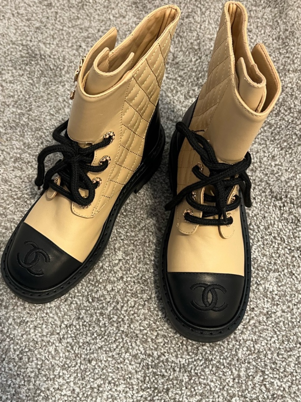 CHANEL Beige and Black Quilted Lace-Up Ankle Boots
